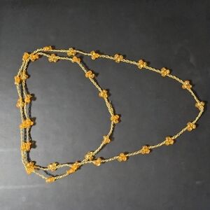 Gold Tone Crochet Thread Orange Beaded Long Statement Necklace